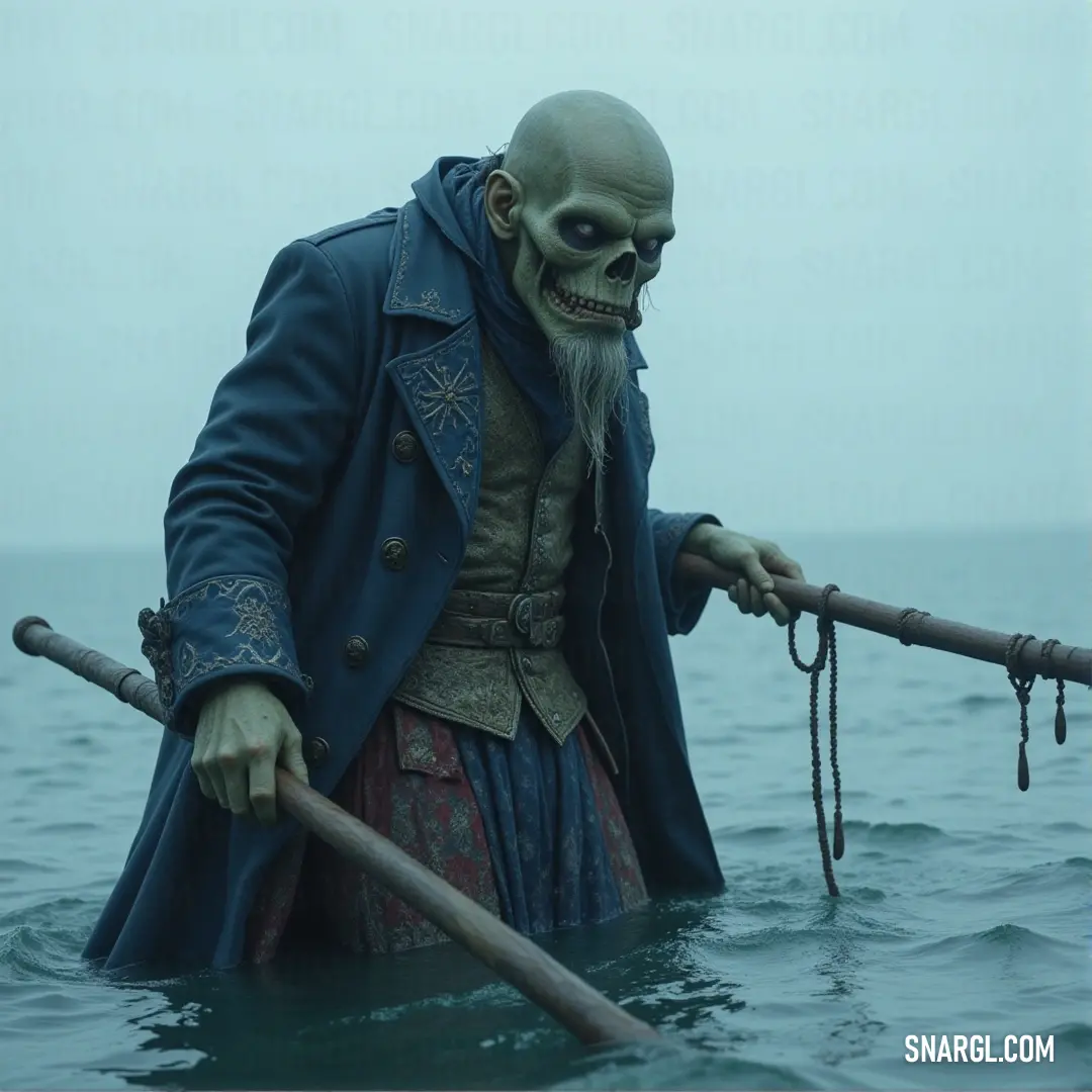 Zomboid in a blue coat holding a stick in the water, with a boat floating in the background. A Zomboid, dressed in a tattered blue coat, holds a stick in the water as a small boat drifts in the distance, the calm water reflecting the moody sky above.
