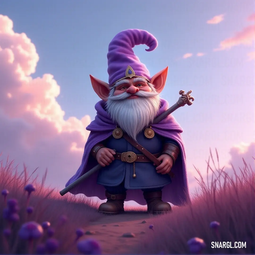 Zook, the mighty wizard, standing in a sea of purple flowers with his sword raised high in triumph. Zook, a mysterious wizard with a long beard and purple attire, stands proudly in a field of vibrant purple flowers, his sword raised high as if to conquer the world around him.