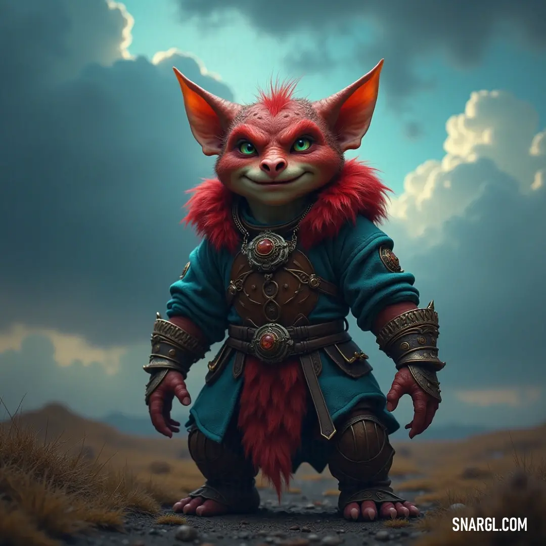 A whimsical red furry Zov stands proudly on a dirt road in a picturesque field under fluffy clouds. A whimsical red furry Zov stands proudly on a dirt road, surrounded by a picturesque field that stretches into the horizon, with fluffy clouds floating gently in an azure sky, capturing a moment of playful serenity in nature's embrace.