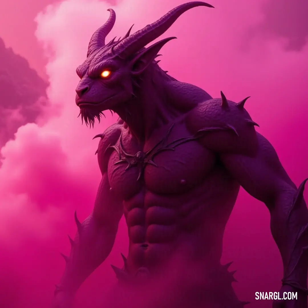 Demonic Zovran Firewalker, gazing defiantly against a stunning pink sky, showcases his glowing eyes and formidable horns in a moment of intense drama. A striking figure, Demonic Zovran Firewalker stands boldly against a breathtaking pink sky, his glowing eyes and horns illuminating the surreal landscape around him. The vivid clouds provide a mesmerizing backdrop to this dramatic scene filled with untame