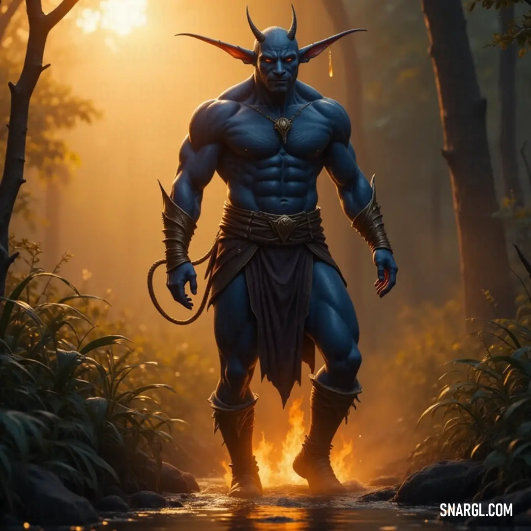 Portrayal of Zovran Firewalker standing proudly in the woods, exuding confidence and an enduring bond with the natural world around him. A visionary portrayal of Zovran Firewalker stands majestically in a serene woodland, his hands confidently resting on his hips. The painting captures the essence of a brave guardian, surrounded by nature's beauty, evoking a sense of strength and calm.