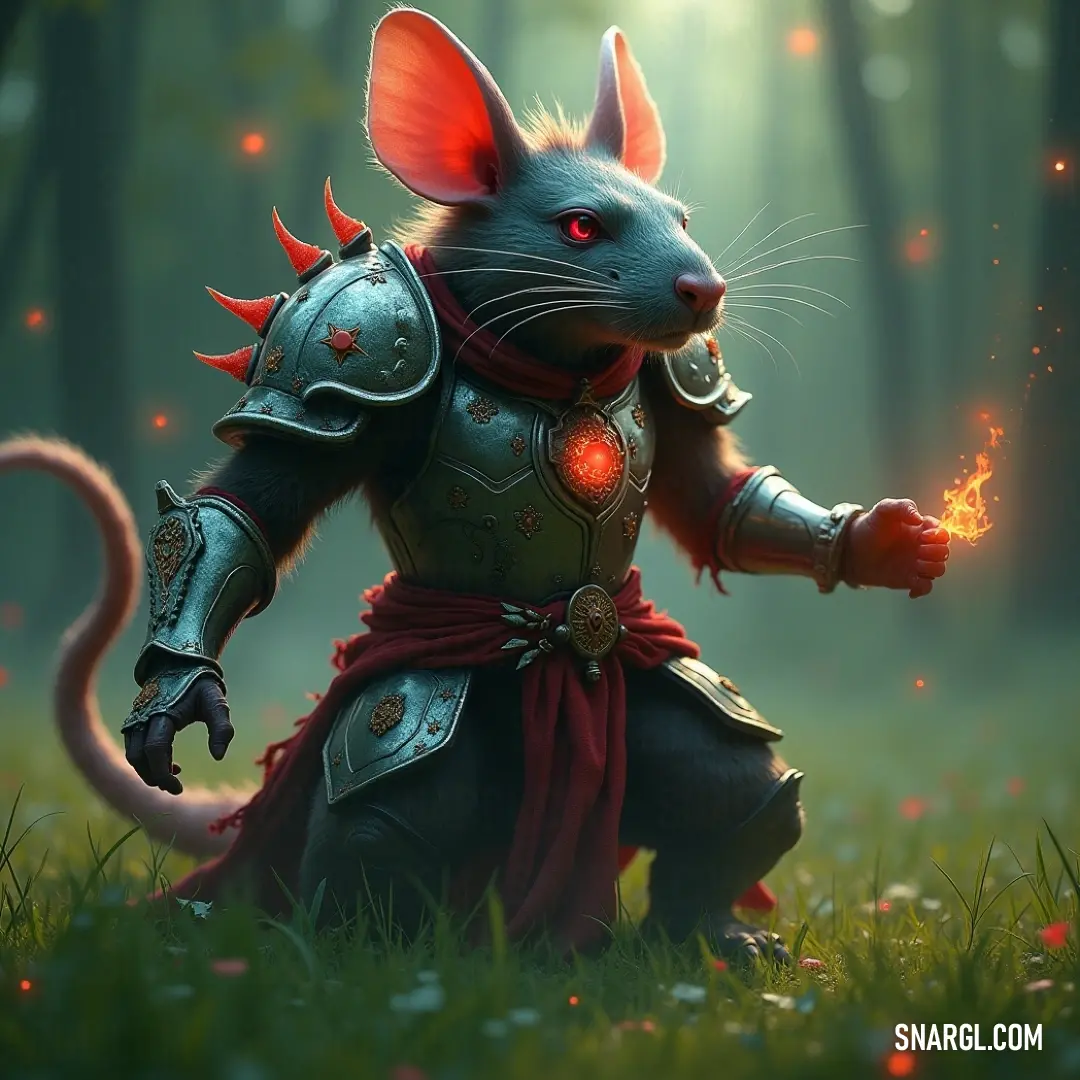 A heroic mouse in armor holds fire in its hand, standing amidst a peaceful forest of flowers and grass, radiating bravery and determination. A brave mouse, dressed in shining armor, stands in a vibrant forest. With fire clenched in its tiny hand, the mouse radiates courage, surrounded by the beauty of flowers and grass, embodying the spirit of a hero.