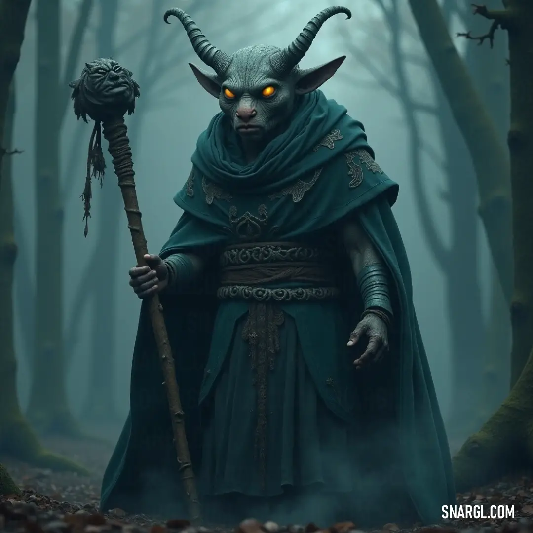 An enigmatic creature emerges from the fog-laden woods, adorned in a green cloak with imposing horns, confidently wielding a magical staff, embodying the spirit of nature's ancient guardians. Deep within a mystical forest shrouded in enchanting fog, a mysterious being clad in a vibrant green cloak with majestic horns stands tall, gripping a glowing staff that reflects the whispers of ancient magic surrounded by towering trees.