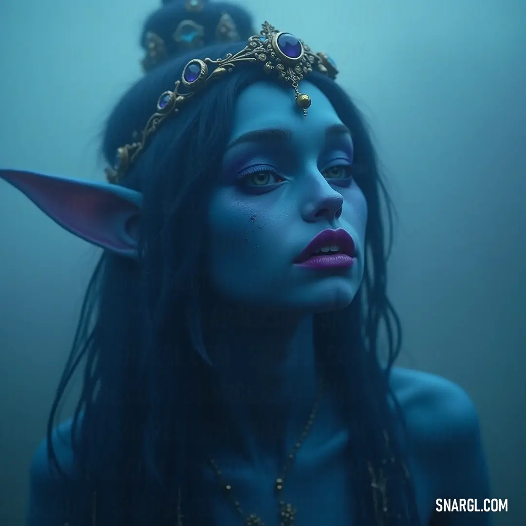 A striking figure enhanced by blue makeup and a shimmering tiara, showcasing a mystical allure that draws the viewer in with its enchanting presence. A captivating character adorned with vibrant blue makeup, sparkling under an elegant tiara, exuding a sense of whimsy and confidence in an enigmatic atmosphere.